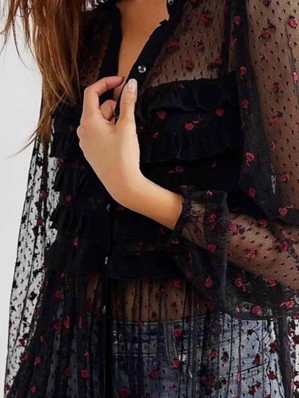 Free People Rose Maxi Top Duster Kimono Black Lace S